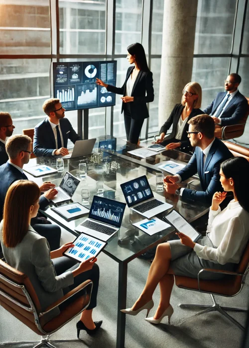 DALL·E 2024-12-22 12.53.17 - A vertical image of a professional business meeting in a modern conference room. A diverse group, primarily women, is seated around a glass table with